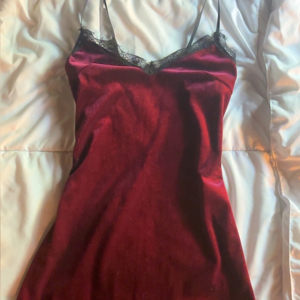 Women's Burgundy Velvet Lace Trim Slip Dress